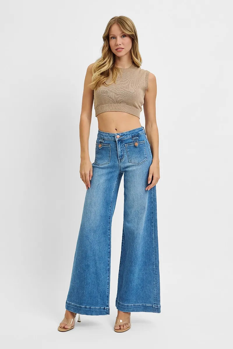 RISEN Full Size Mid Rise Wide Front Patch Pocket Jeans Plus Size - Merit Sell
