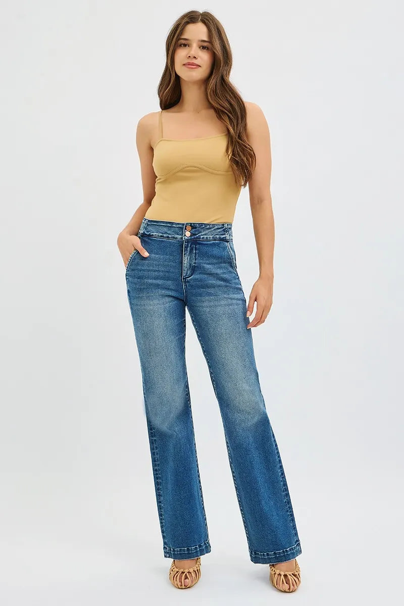 RISEN Full Size Tummy Control High Rise Bootcut Jeans with Double Button Waistband Plus Size - Merit Sell