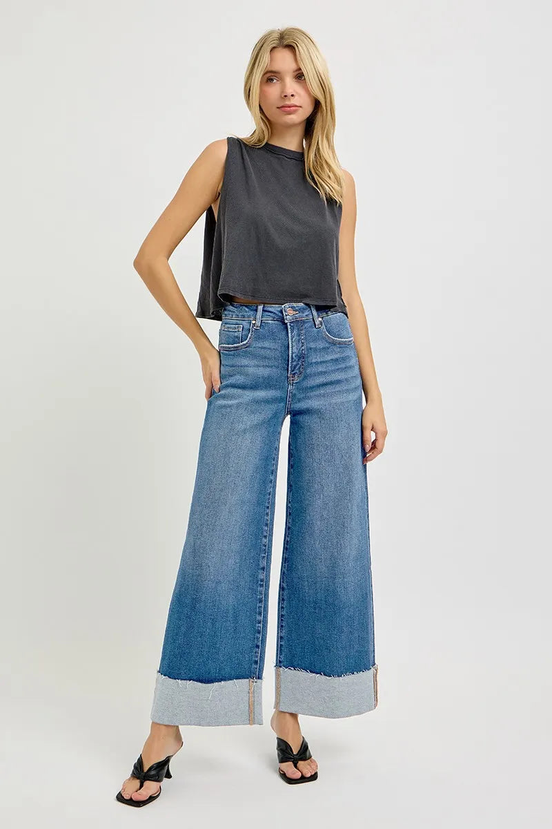 RISEN Full Size Tummy Control High Rise Crop Wide Cuffed Jeans Plus Size - Merit Sell