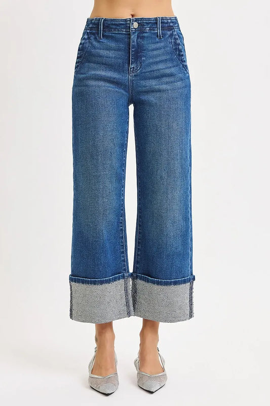 RISEN High Rise Ankle Wide Rhine Stone Cuffed Jeans - Merit Sell