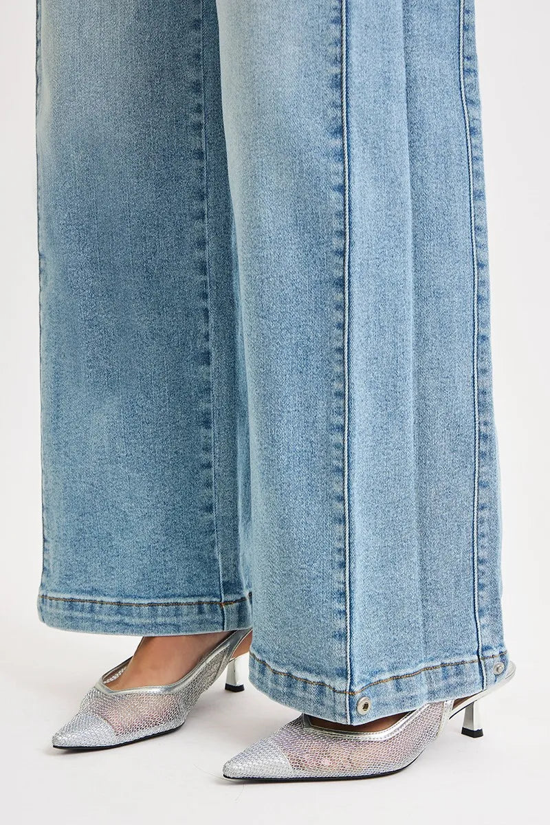 RISEN Mid Rise Wide Barrel Transferable Leg Snap Jeans - Merit Sell