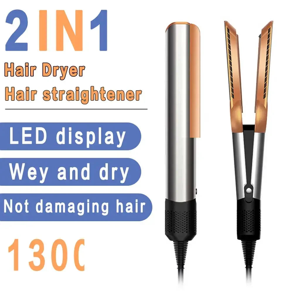 2-in-1 Professional Quick Dry Hair Dryer and Straightener Negative Ion Iron Long Lasting Styling Tool Wet and Dry Curling Iron