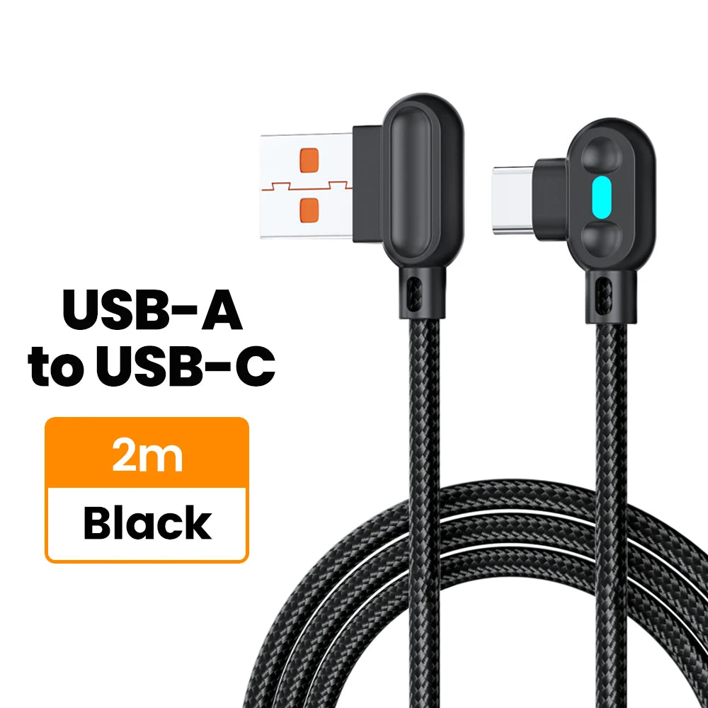 100W USB To Type C Fast Charging Cable 90° Double Elbow Bend Mobile Game Fast Charging Cable For Xiaomi Huawei With LED 0.25m/1m