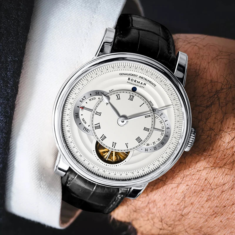 BORMAN Design Luxury Men Automatic Wrist Watch Skeleton Dial Genuine Leather Strap Sapphire Crystal Glass Automatic Watch