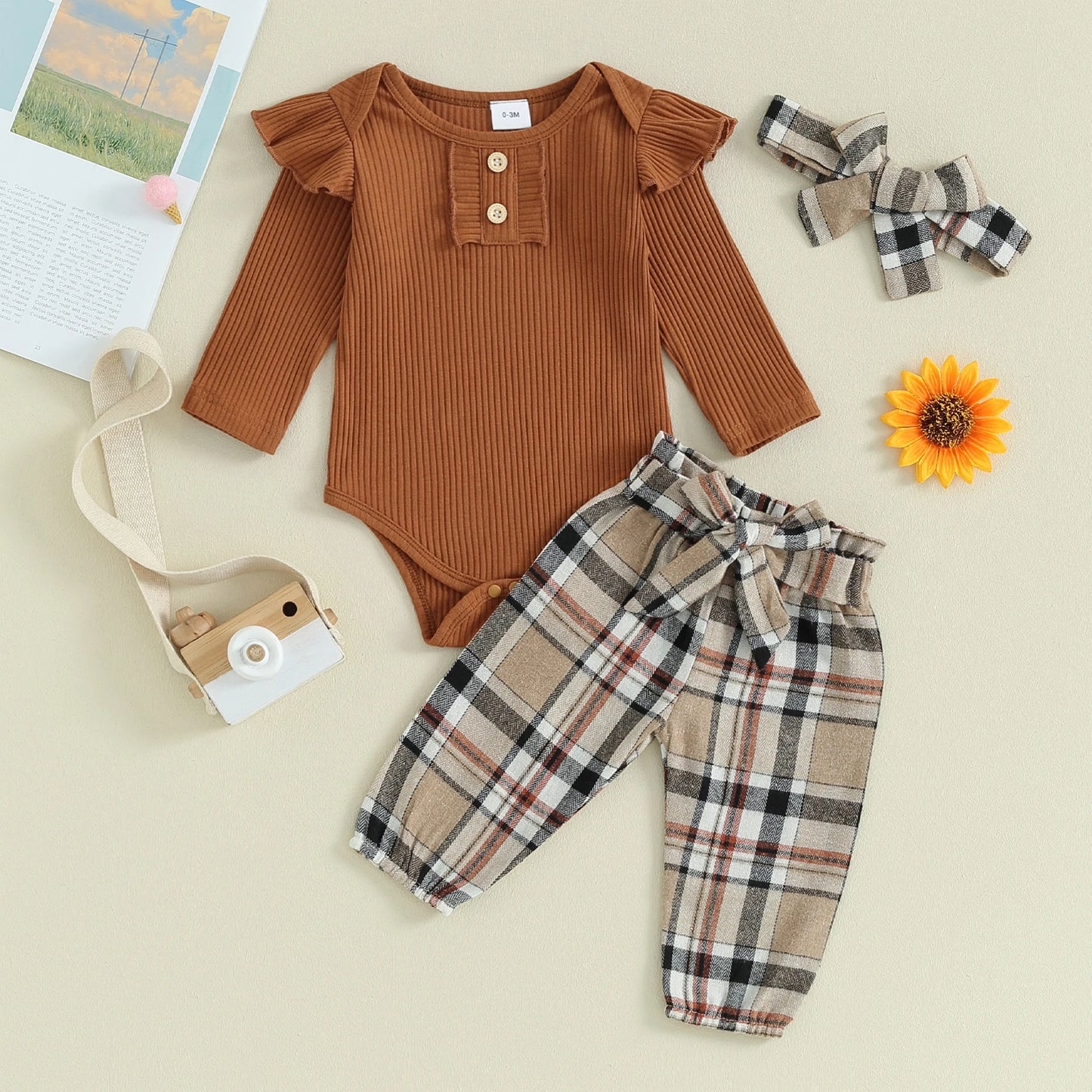 FOCUSNORM 3pcs Infant Baby Girls Fall Clothes Sets 0-18M Solid Color Buttons Long Sleeve Rompers Plaid Print Pants Headband