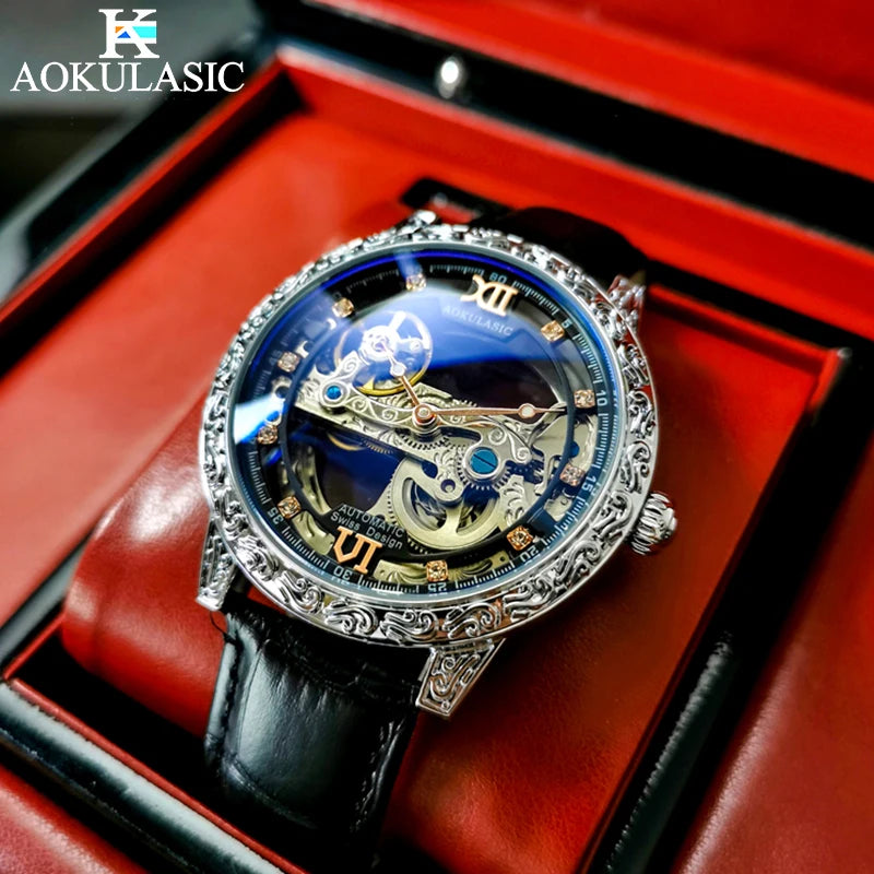 AOKULASIC Luxury Leather Men Automatic Machinery Watch Retro Dial Design Double-Sided Hollow Out Tourbillon Waterproof Men Watch