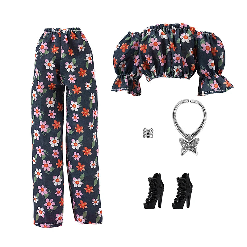 30cm Doll Clothes Floral Shirt Puff Sleeve Trousers Set Temperament Wear Matching Pieces Daily Doll Clothes Set For Girls Gift