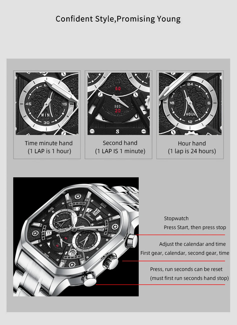 CHENXI High Quality Multifunctional Business Leisure Watches For Man Square Dial Leather Strap Quartz Wristwatches Clock Gifts