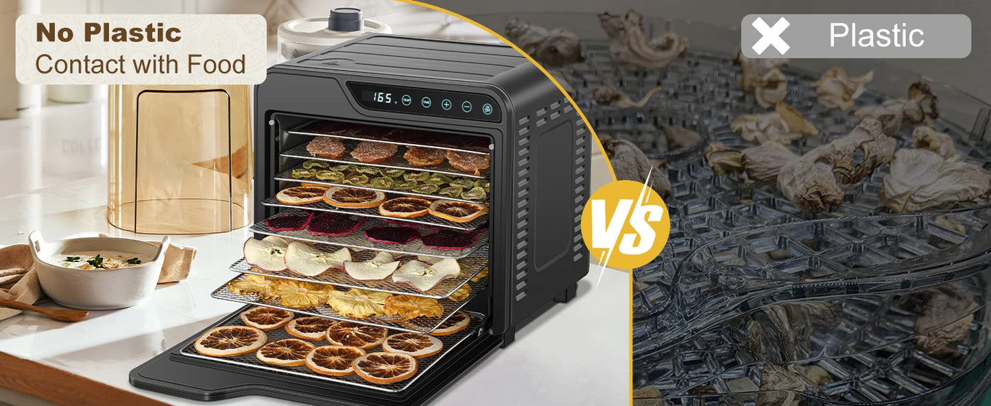 8-Tray Stainless Steel 625W, 165°F for Jerky/Fruit/Dog Treats, 50 Recipes, ≤48dB, Auto Shutoff, Dishwasher Safe Food Dehydrator