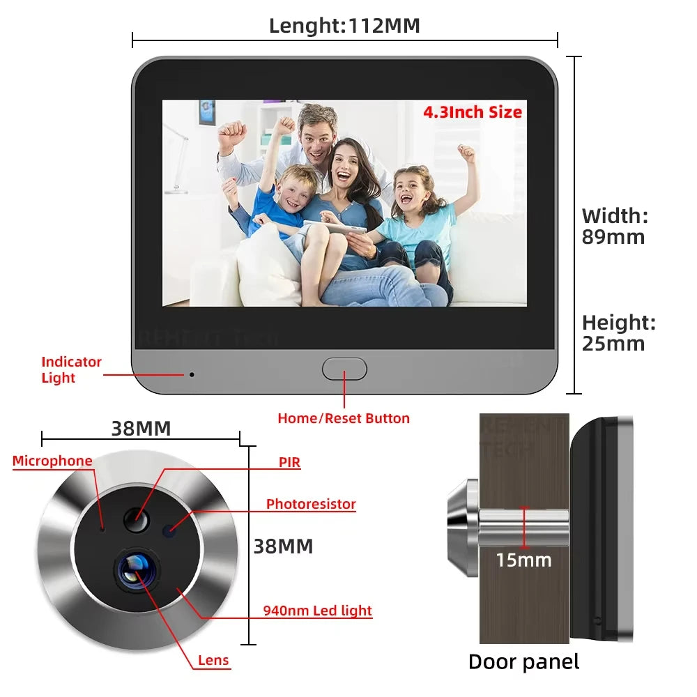 Tuya WiFi peephole doorbell camera package contents — camera unit, mounting hardware, Type-C cable