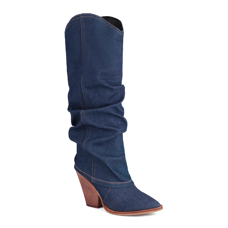Kcenid Women Denim Knee High Boots Pointed Toe Slip-on Women High Heels Long Boots Sexy Pleated Solid Party Shoes Woman