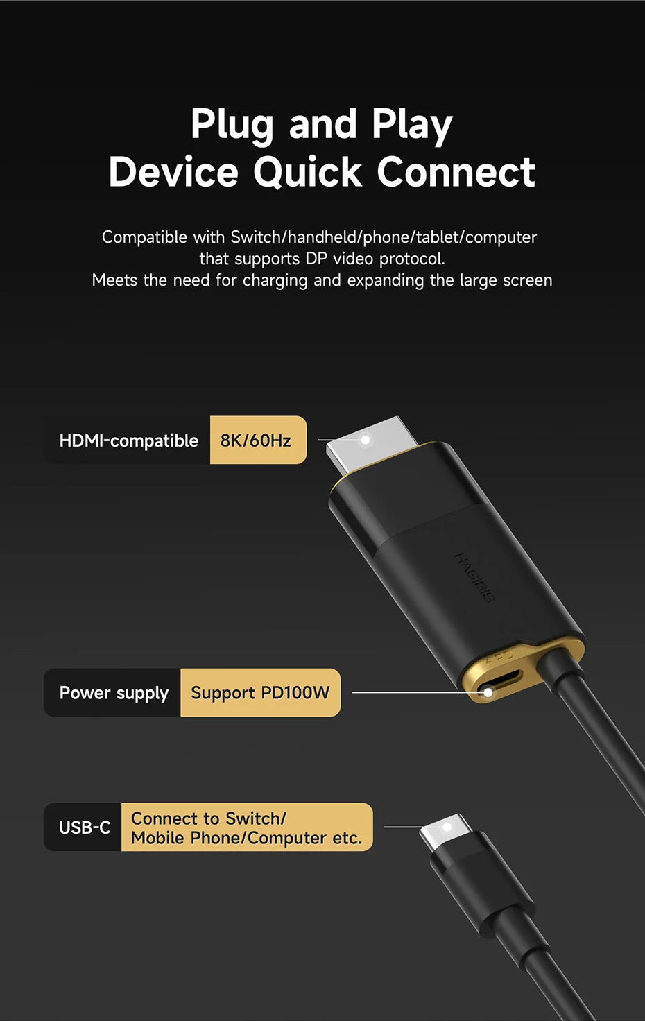 Hagibis Switch Dock for Nintendo Switch/OLED/Switch2 USB C to HDMI Cable Adapter 8K@60Hz HDR 100W PD for Laptop SteamDeck ROG