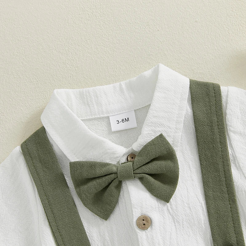 Toddler Baby Boy Gentleman Outfit Solid Color Short Sleeve Lapel Neck Romper with Suspender Shorts and Bowtie 3 Pcs Set