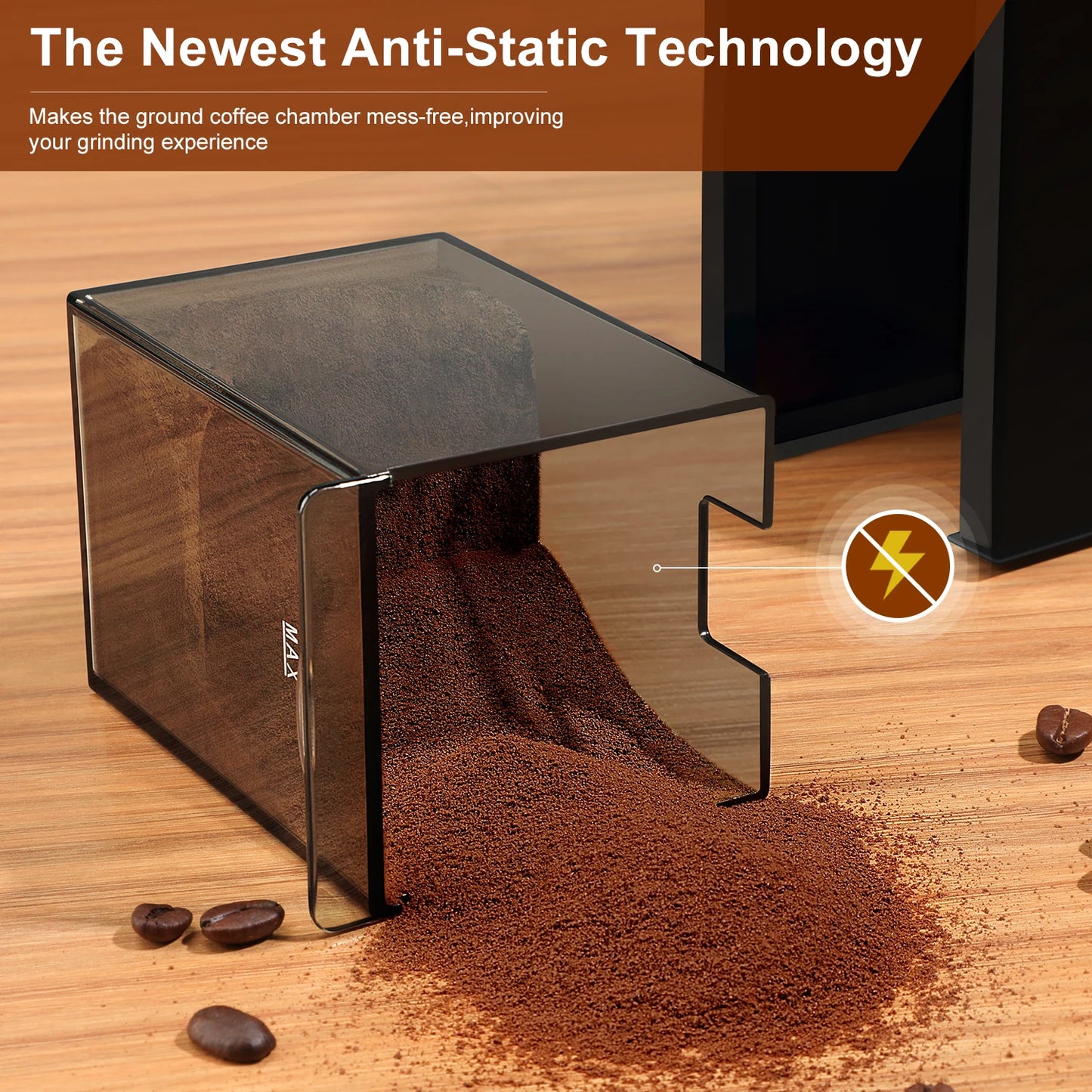 Merit Sell electric burr coffee grinder with anti-static technology showing ground coffee chamber mess-free design