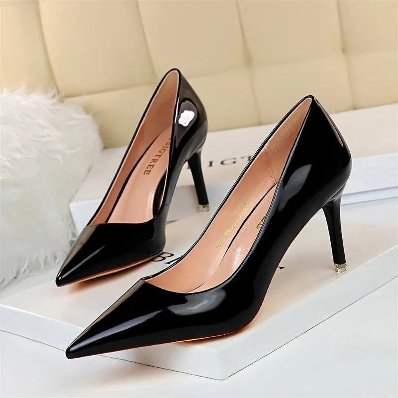 Fashion Metal Women Patent Leather Shallow Mouth Thin High Heel Shoes Elegant Comfort Pointed Toe Gold Silver Party Heel Pumps