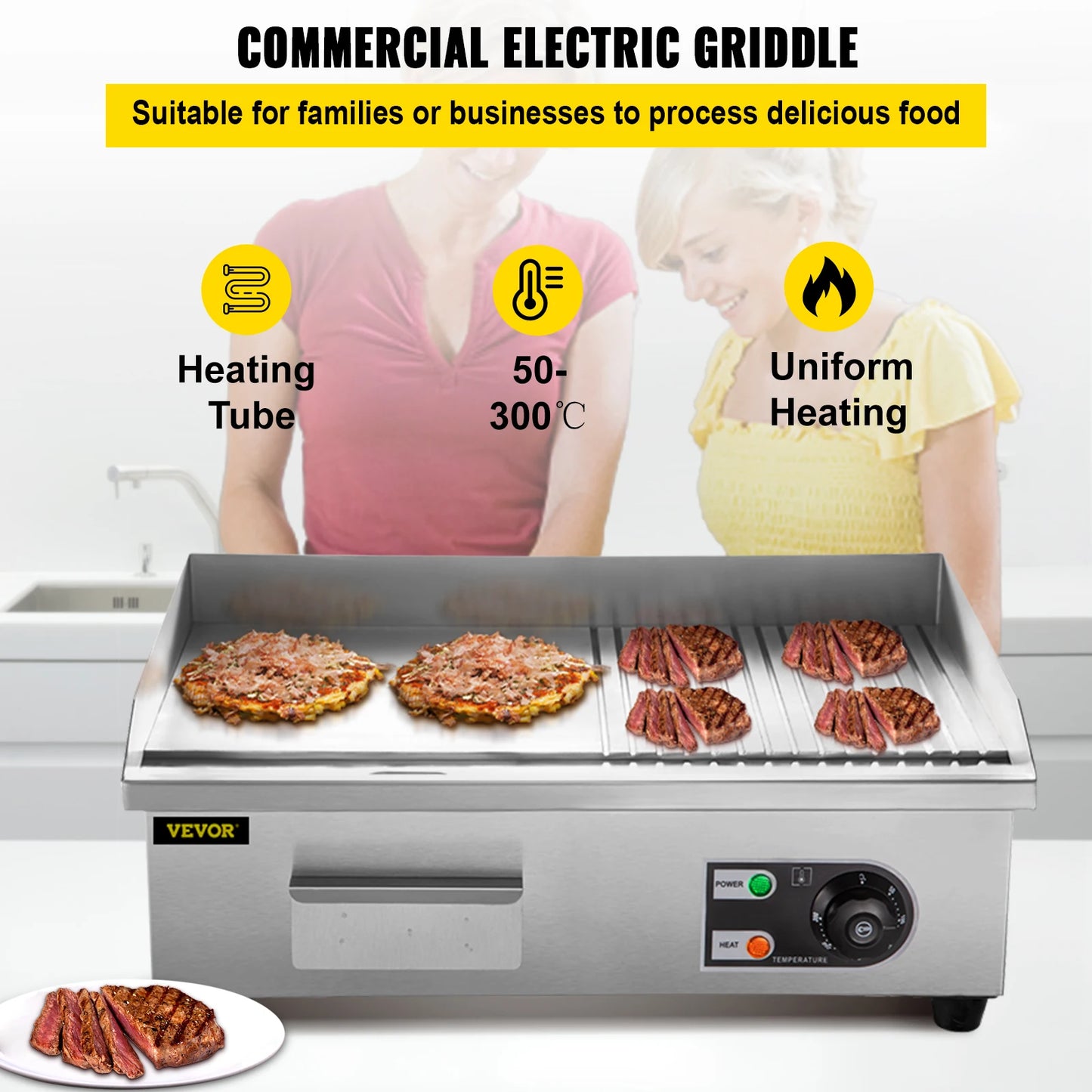 SucceBuy 14"-22" Electric Countertop Griddle Teppanyaki Grill 1600W/3200W Stainless Steel Flat Top Grills for Pancake Chicken - Merit Sell