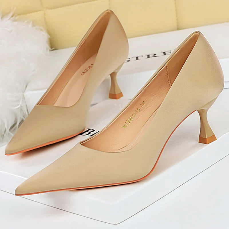BIGTREE Shoes Kitten Heels 5.5 Cm Women Pumps Silks Satins Lady Heels Fashion Women Shoes Low Heel Female Shoes Large Size 43