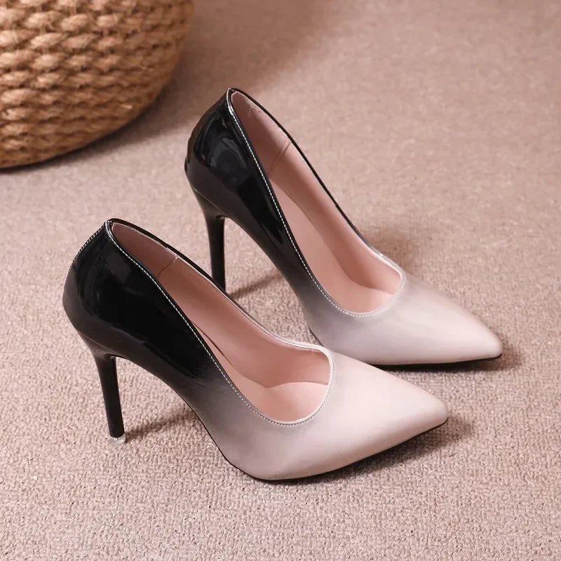 Gradient High Heels for Women's 10cm Sexy Fine Heel Pumps Fashion Party Plus Size 43 Pointed Toe Wed Shoes Patent Leather Dress