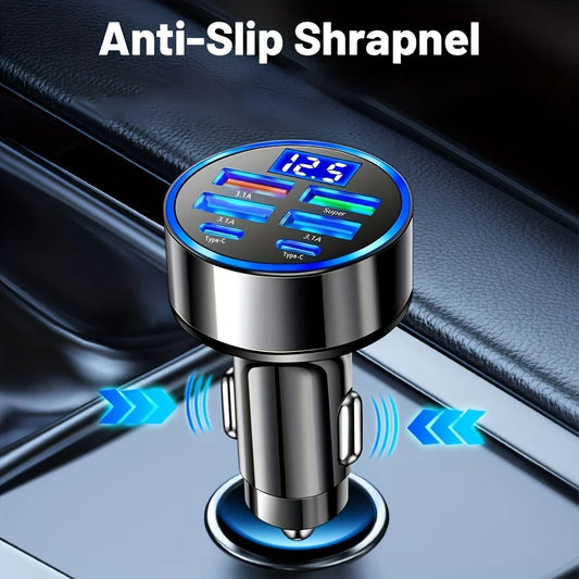 6-in-1 Fast Charging Car Adapter 3.1A Dual Type-C Digital Display Smartphones Tablets Power Banks Black Portable Charger - Merit Sell