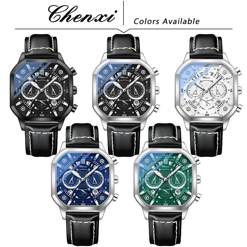 CHENXI High Quality Multifunctional Business Leisure Watches For Man Square Dial Leather Strap Quartz Wristwatches Clock Gifts