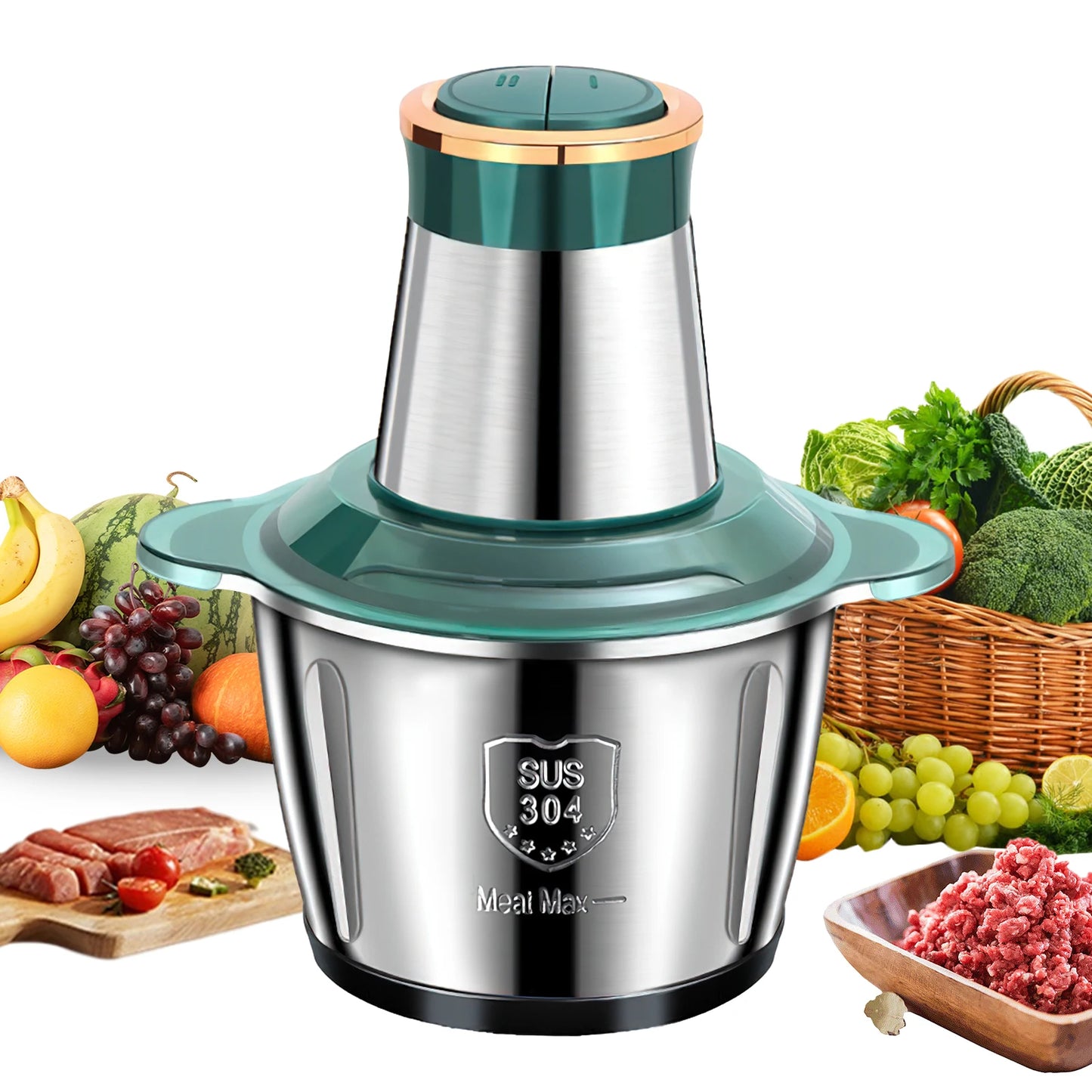 Electric Meat Mincer Grinder Stainless Steel Chopper 2L Food Processor Garlic Mud Maker Blender Large Capacity Kitchen Utensils