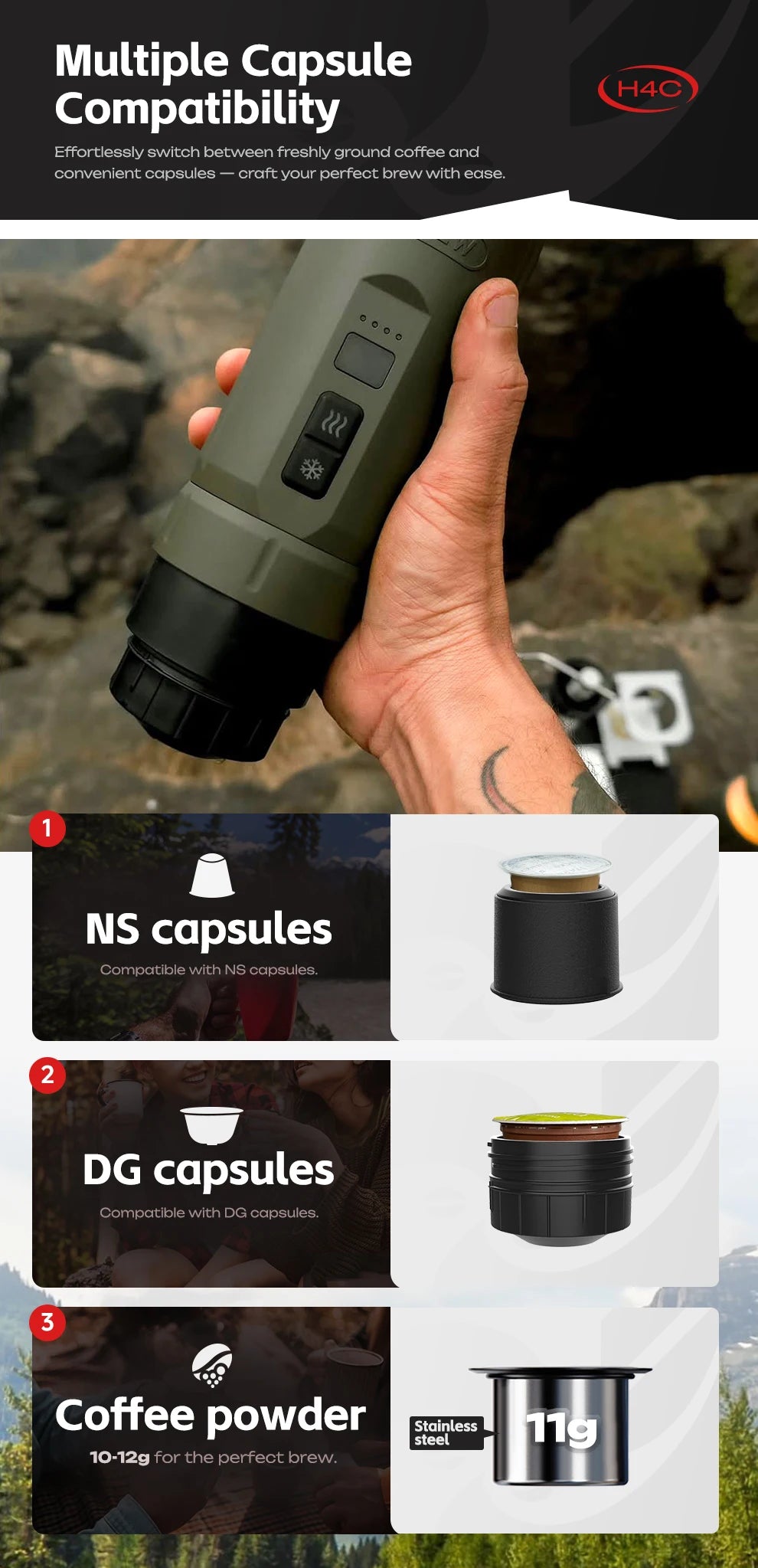 HiBREW Portable Espresso Coffee Machine for Car & Home Camping Coffee Maker Fit Nespresso Dolce Capsule Powder H4C
