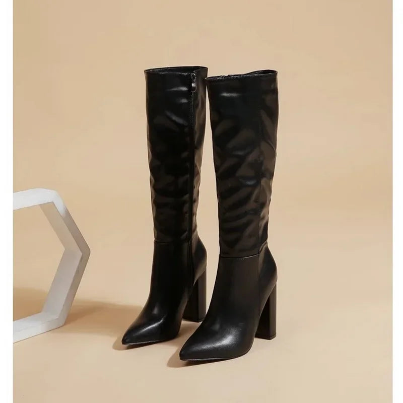 Sexy Pointed Toe Side Long Zipper Knight Boots Fashion Soft Leather Knee-high Women Boot Square High-heeledclub Dance Party Shoe