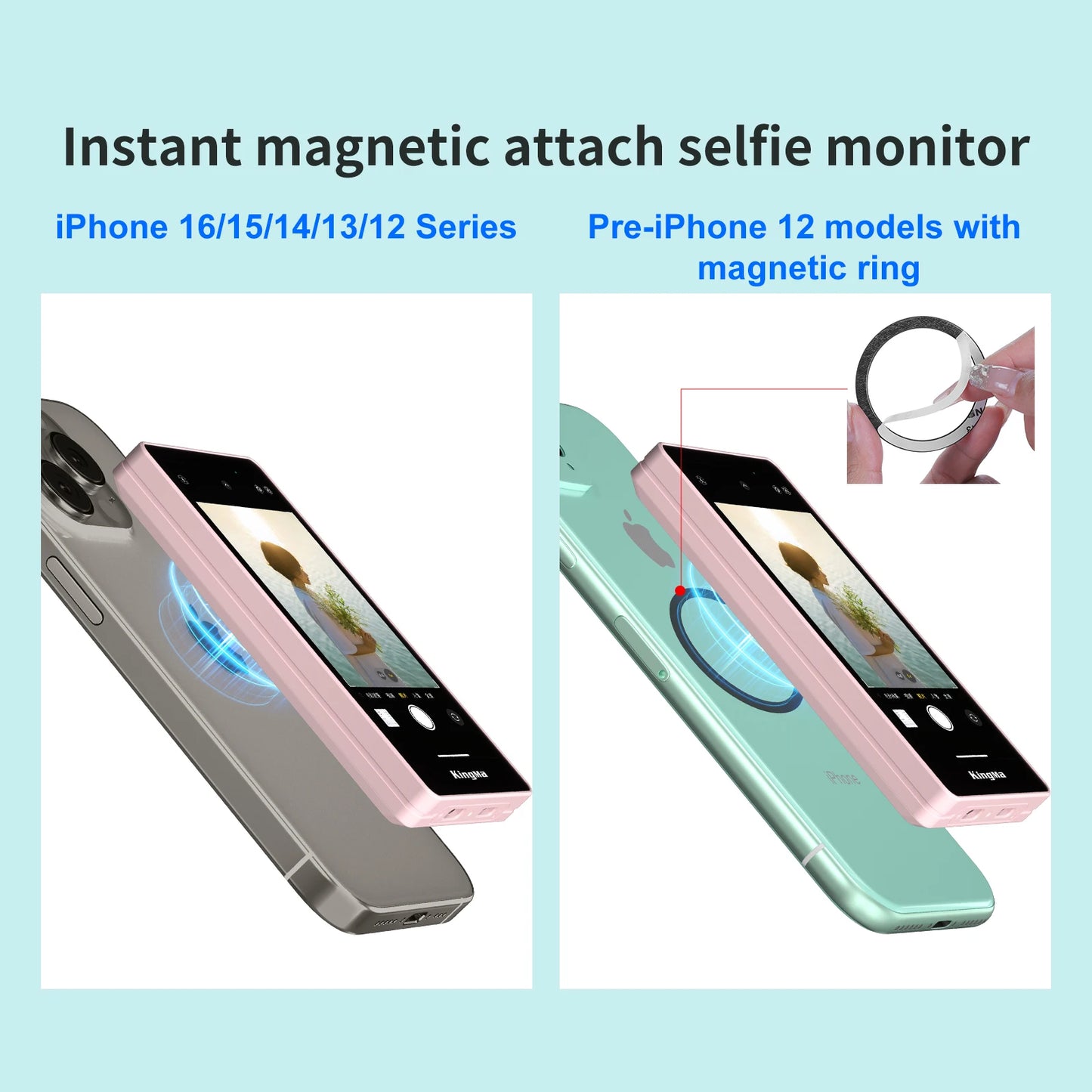 Magnetic Phone Vlog Selfie Monitor Screen, Using Phone Rear Camera for iPhone16 pro max 15 14 13 Selfie Vlog Live Stream TikTo