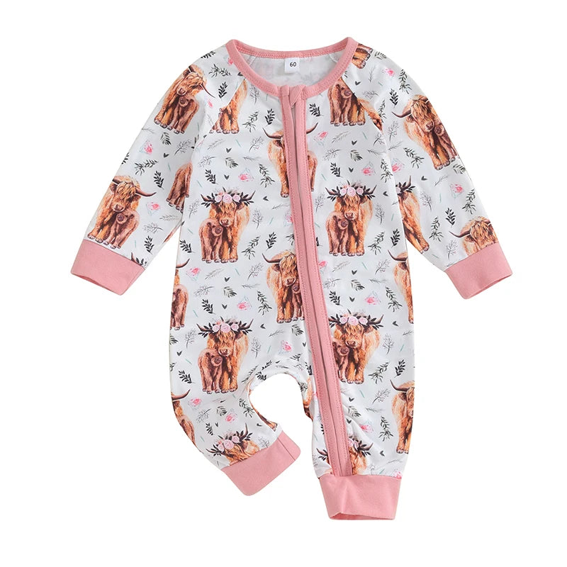FOCUSNORM 0-12M Autumn Infant Baby Boys Girls Western Jumpsuits 3 Style Cow Head Floral Print Long Sleeve Zipper Romper