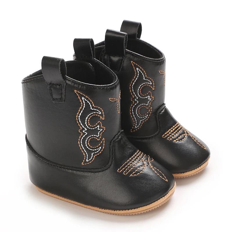 Leather Western Boots Cowboy Bootie Soft Sole Non-Slip Crib Shoes for Baby Infant Toddler Girls Boys Newborn