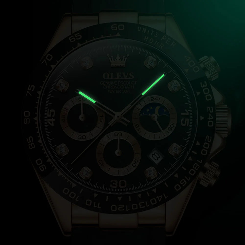 OLEVS Men's Watches Waterproof Luminous Moon Phase Date Chronograph Men's Wristwatch Luxury Original Quartz Wrist watch for Men