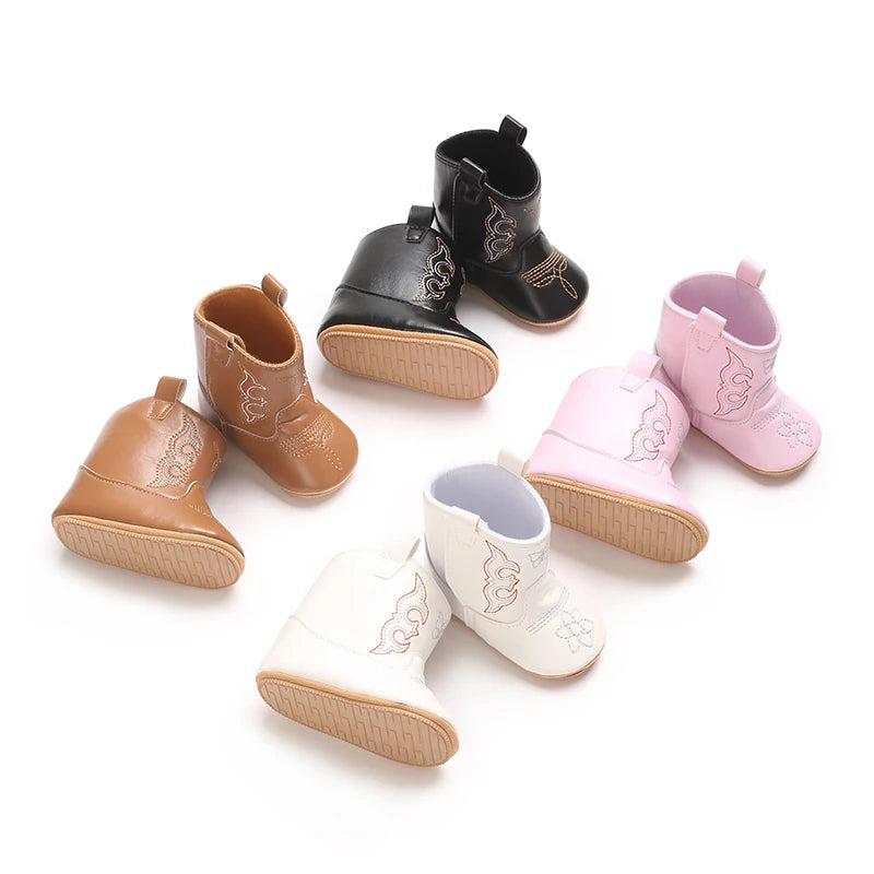 Leather Western Boots Cowboy Bootie Soft Sole Non-Slip Crib Shoes for Baby Infant Toddler Girls Boys Newborn