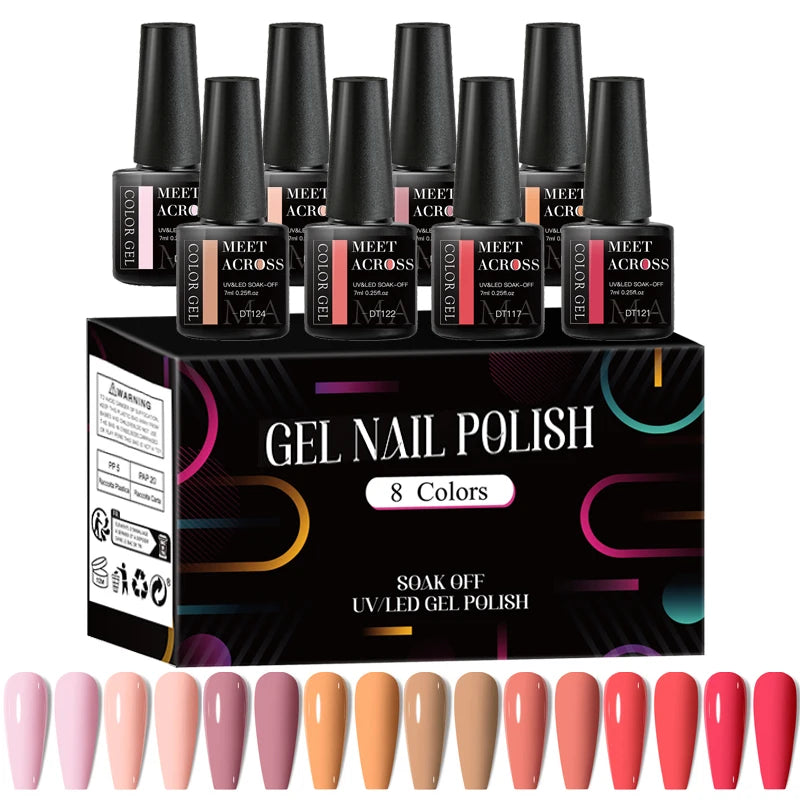 MEET ACROSS 8Pcs/Set Red Pink Gel Nail Polish Spring Colorful Laser Nail Art Gel Varnish Nail Supplies Manicure For Nails