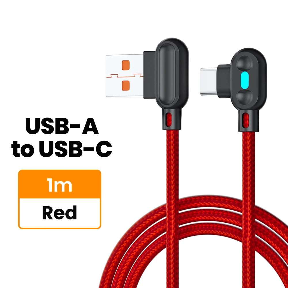 100W USB To Type C Fast Charging Cable 90° Double Elbow Bend Mobile Game Fast Charging Cable For Xiaomi Huawei With LED 0.25m/1m