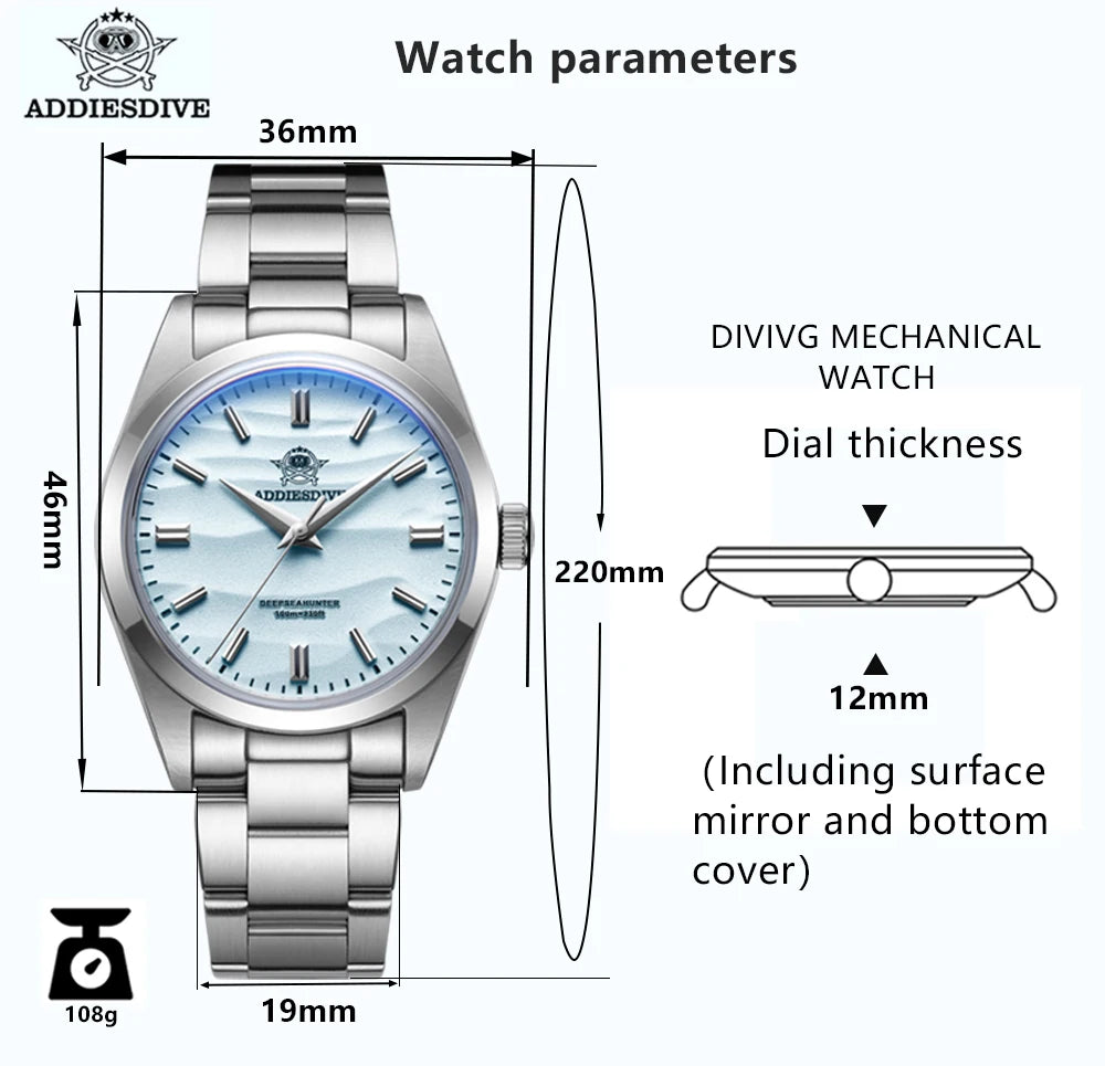 ADDIESDIVE 36mm AD2030 Men's Watch Desert Dial 316L Stainless Steel Reloj Hombre 100m Waterproof Quartz Watches