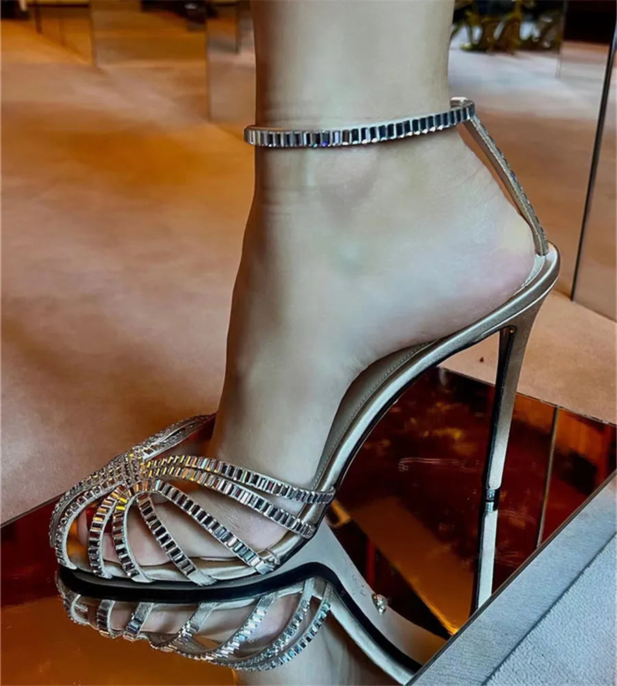 Designer Crystal Women Gladiator Sandals Ankle Strap High Heels Hollow Out Summer Dress Shoes Closed Toe Stiletto Ladies Pumps