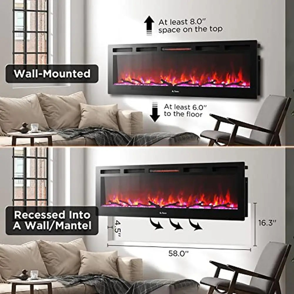 60" Smart WiFi Infrared Electric Fireplace with Realistic Flame & 1500W Quartz Heater Recessed or Wall Mounted Installation and