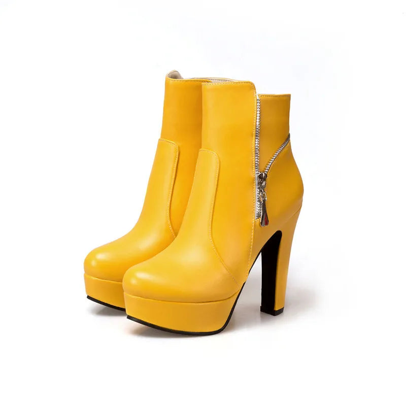 Fashion Women's Ankle Boots High Heels Platform Motorcycle Boot Zipper Yellow Black White Short Shoes Female Large Size 45 48