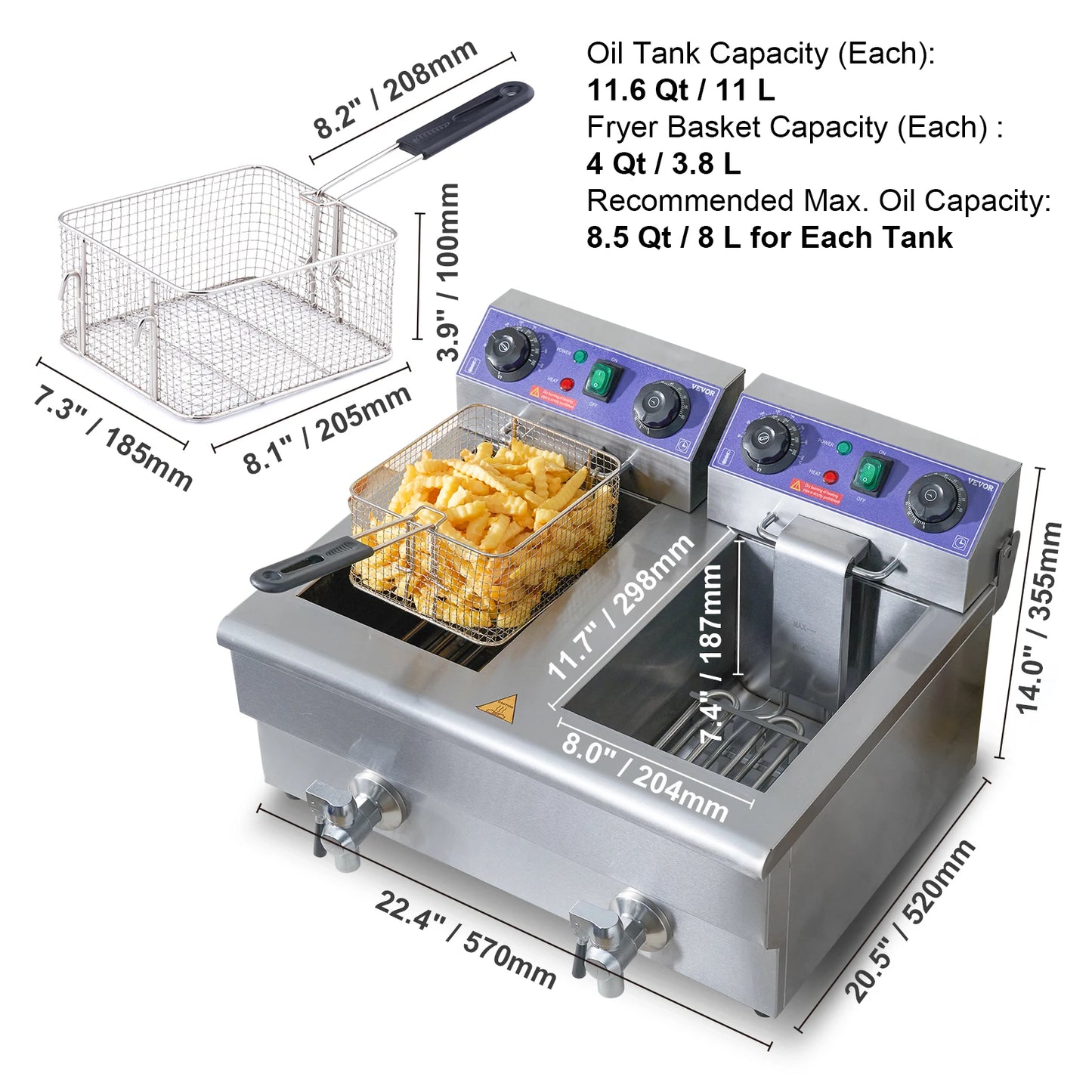VEVOR 12L 5000W Electric Deep Fryer w/Dual Removable Tanks Commercial Countertop Fryer for Chicken French Fries Frying Chips