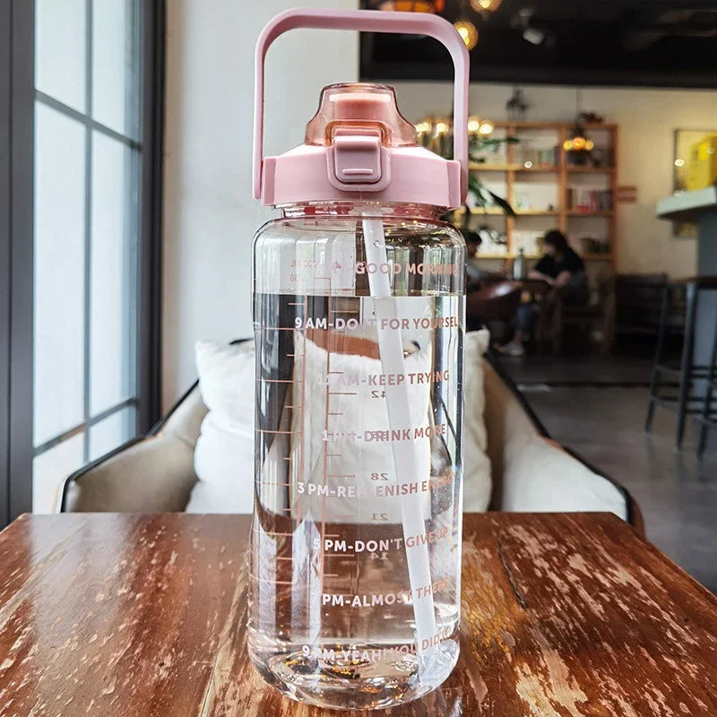 2 Liters Plastic Kettle Large Portable Travel Water Bottle with Straw Sports Fitness Cup High Value Big Fat Cup Adult Universal
