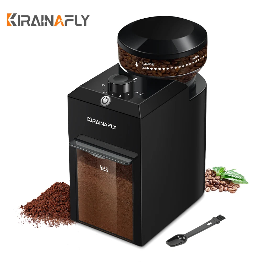 Kirainafly electric burr coffee grinder in black with adjustable grind settings and coffee grounds container