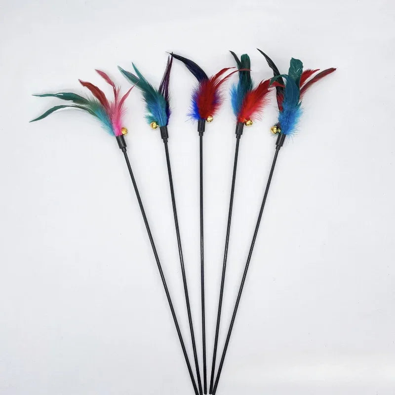 5pcs Funny Kitten Cat Teaser Interactive Toy Rod with Bell and Feather Toys For Pet Cats Stick Wire Chaser Wand Toy Random Color