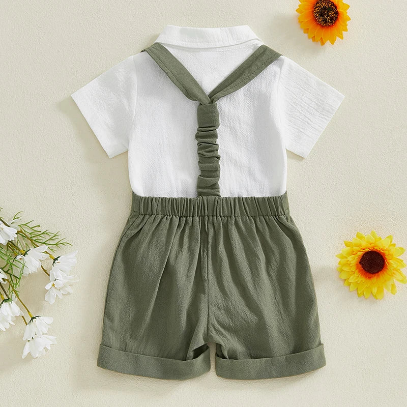 Toddler Baby Boy Gentleman Outfit Solid Color Short Sleeve Lapel Neck Romper with Suspender Shorts and Bowtie 3 Pcs Set