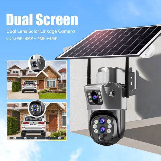 6K 10X Zoom WiFi Outdoor Solar Camera Three Lens 12MP HD Night Vision PTZ Surveillance PIR Auto Tracking Wireless Network Cam - Merit Sell