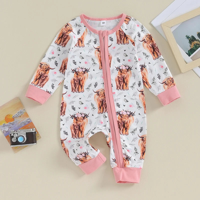 FOCUSNORM 0-12M Autumn Infant Baby Boys Girls Western Jumpsuits 3 Style Cow Head Floral Print Long Sleeve Zipper Romper