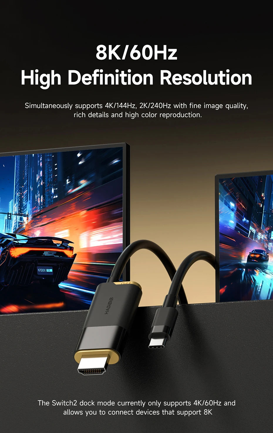 Hagibis Switch Dock for Nintendo Switch/OLED/Switch2 USB C to HDMI Cable Adapter 8K@60Hz HDR 100W PD for Laptop SteamDeck ROG