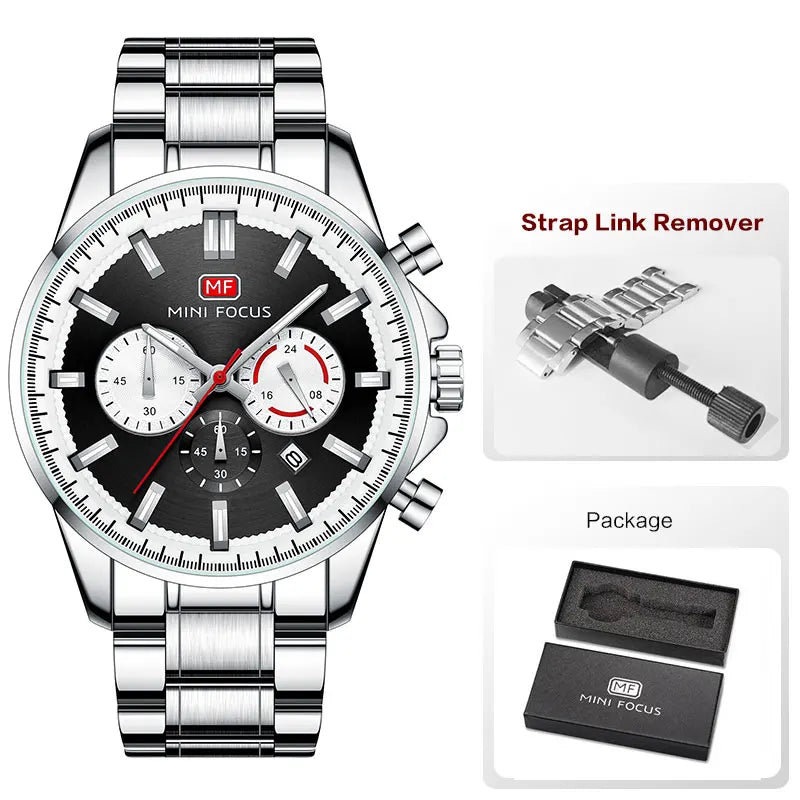 MINI FOCUS Chronograph Quartz Watch Men Silver Blue Waterproof Luminous Dress Wristwatch with Date Stainless Steel Strap 0469