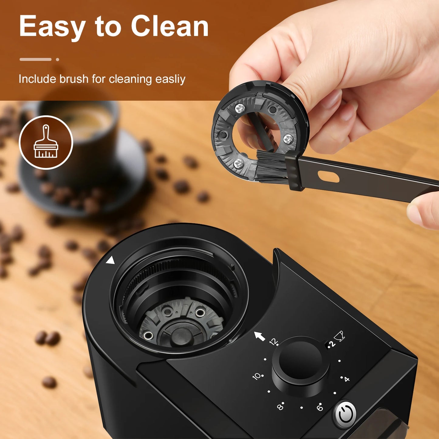 Merit Sell electric burr coffee grinder being cleaned with brush for easy maintenance