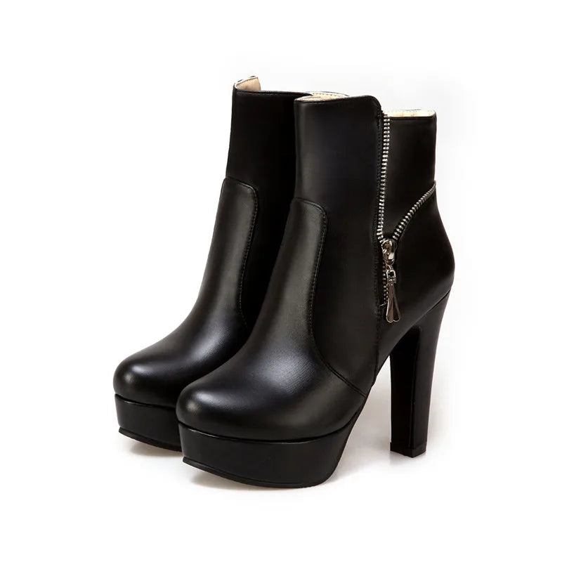 Fashion Women's Ankle Boots High Heels Platform Motorcycle Boot Zipper Yellow Black White Short Shoes Female Large Size 45 48
