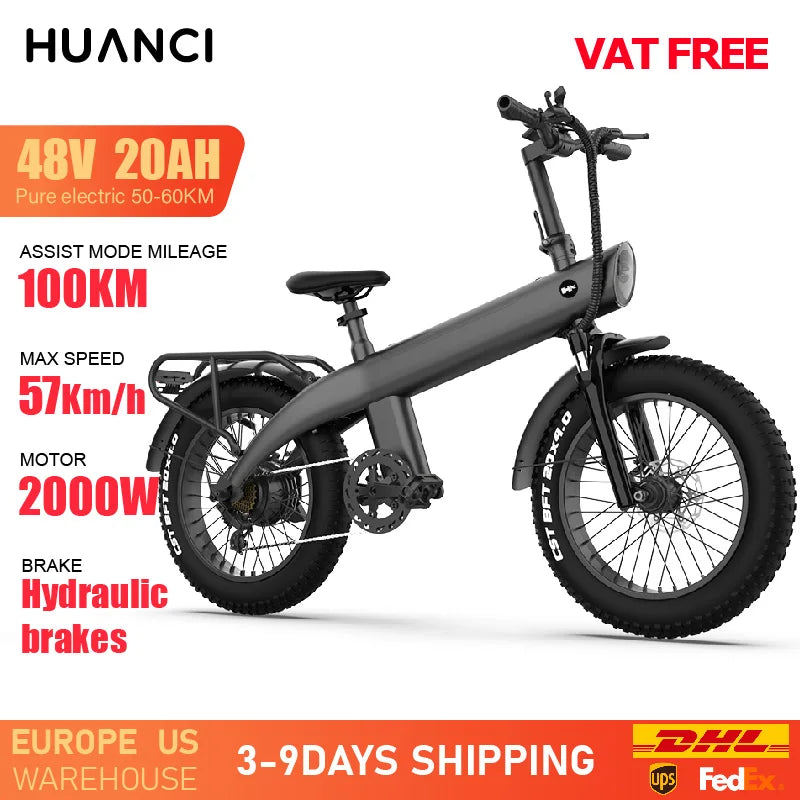 HUANCI Q3 Mountain Electric bicycle 2000W 60KM/H removable battery electric bike 48V 20AH Ebike 20Inch fat tire Off-Road e bike